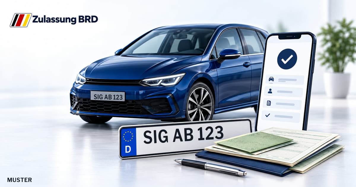 Online Fahrzeugzulassung in Landkreis Sigmaringen: Musterkennzeichen SIG AB 123, Auto und Fahrzeugpapiere und Smartphone. Illustration mit Logo von Zulassung BRD.
